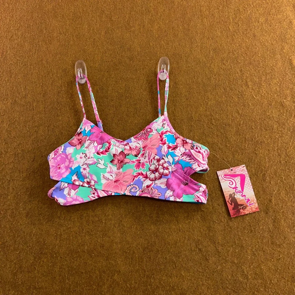 Kanu Surf Girls 16 Purple Floral Louisa Wrap Bikini Swim Top NWT